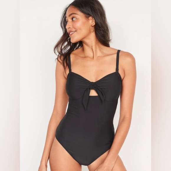 NWT! Black Tie-Front Keyhole Bandeau-Style One-Piece Swimsuit - Size Small - Picture 1 of 8